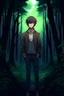 Placeholder: A anime handsome man standing in a dark forest