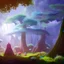 Placeholder: Sacred forest on an alien planet, giant blue trees, cute mushrooms, glowing flowers, bright sun through trees, little hobbit house, highly detailed, artstation, concept art, smooth, sharp focus, illustration, 8k