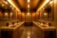 Placeholder: Pictures of a group of bathrooms in Mathaf Restaurant. The walls and floors are in brown tones, and the sinks are on one wall only.