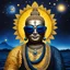 Placeholder: A mysterious and majestic scaly Buddha, adorned with sunglasses, a large collar of wooden pearls, and blue snaky scales, lies contemplatively with his bald head in his hand. His yellow skin radiates an aura of ancient wisdom and cosmic connection, as the gleam of his sunglasses reflects the swirling stars and galaxies around him, hinting at his profound ties to nature and the universe.