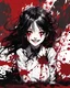 Placeholder: Petit girl goth smiling, lying pose, fullbody, behind blood guts rising from the ground, illustration by <Yoji Shinkawa>, behind paint splashes darkred tones,