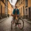 Placeholder: d bicycle, wooden tires, large front wheel, small rear wheel. A young man on a bicycle, vintage clothing. Background old-fashioned cobblestones and houses in the berlage style Award winning photography illustration dynamic lighting 8k, award winning fantastic view portrait, colourful Nikon850