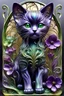 Placeholder: Art Nouveau style, a young kitten with exquisite flowers, some purple and green colors, Blown glass art, insanely detailed.