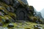 Placeholder: ancient gate in the mountain, 3d model, moss, rocks, dark fantasy