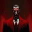 Placeholder: a sinister figure wearing a red suit with a red tie and a priest's clerical collar with no face and dirty slicked back hair