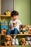 Placeholder: a young boy sitting on a shelf holding a teddy bear, inspired by Ayshia Taşkın, paw patrol, viral photo, medical background, inspired by Farel Dalrymple, press release, 5 years old, bian luan, video, brainwashing, shirt, h 6 4 0, description, uncropped, game maker, baki