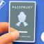 Placeholder: full view of a low-polygon, flattened vector image, passport card with photo of person, in a blue color palette, transparent background.