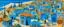 Placeholder: A blue village near a beach designed in ancient Egyptian pottery painted by Diego Rivera