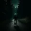 Placeholder: a lonely figure with a backpack, leaving a metropole, on a road, into a forest, photo quality, dark green light