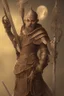 Placeholder: The monk stands with feet shoulder-width apart, holding the spear diagonally across his body with both hands.