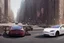 Placeholder: A Tesla 'Model Y' is racing at top speed, on 'Wall Street', in New York. (CINEMATIC, WIDE ANGLE LENS, PHOTO REAL)
