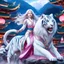 Placeholder: (masterpiece, best quality, 8k, RAW photo, beautiful and aesthetic:1.2), complex detail, Indirect light, photorealistic, (((full body))), 2 Gorgeous Cosmic asian goddess smiling, long curved white hair, blue eyes, Mixed, sci-fi and traditional asian outfit with pink velvet and white furs, riding a white tiger who is running in a colorfull snowy landscape with bokeh