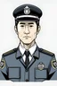 Placeholder: Illustration of 40 year old Japanese male detective with black hair and Japanese police badge, front view, grey background