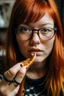 Placeholder: girl with ginger hair in a fringe with glasses and a septum piercing eating a toastie