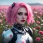 Placeholder: a woman with pink hair standing in a field of flowers, cyberpunk art, inspired by Mike Winkelmann, y 2 k cutecore clowncore, creepy clown girl, harley quinn, she half human and half robot, unreal engine : : rave makeup, porcelain cyborg, profile picture 1024px, cute humanoid robot, trending on cgstation, shot with Sony Alpha a9 Il and Sony FE 200-600mm f/5.6-6.3 G OSS lens, natural ligh, hyper realistic photograph, ultra detailed -ar 1:1 —q 2 -s 750)