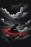 Placeholder: Silhouette, a girl sleeping in the clouds, moody sad dark atmosphere, black background, dark paintbrush, Red over black, 2D