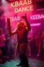 Placeholder: An "Kebab man" performing at dance club, his name is "Kebab man" and looks crazy, Kebab rolls in folie on stage, Neon lights and smog, "KEBAB DANCE" SIGN ON WALL