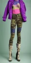 Placeholder: Model, woman. sérigraphie on denim with purple, lilac, green, khaki and crimson, red colors. Camouflage patterns are screen printed on denim. Woman in her 30's. thick thighs, thick calves, flat belly, wide hip. Mantle made of recycled Denim by sewing. Big bright purple and blue felt pieces makes mantle, which is merged with satchel. purple tippet, cream-color inside the hood. AKG headphones is merged with small felt cap with small visor. Haute Couture, 1990's