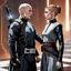 Placeholder: a bold and heroic bald male Corellian pilot in black and grey First Order special forces gear meets a female Jedi Master in ancient, mystical temple, hyperdetailed, dynamic lighting, hyperdetailed background, 8k resolution, volumetric lighting, light skin, fully symmetric details