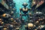 Placeholder: Junk city underwater, street view, many robots, macro photography,