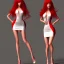 Placeholder: beautiful woman, red hair, mini dress, tall, long legs