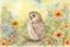 Placeholder: thankful praying owl girl in flowergarden in sunshine, watercolor and ink