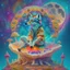 Placeholder: celestial psychedelic wolf made of fractals wearing a mexican jacket sitting on a giant mushroom in between stars, extatic, happy