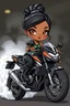 Placeholder: Create a urban art illustration of a chibi cartoon full figure black female riding a sports motorcycle. She is wearing tie dye and black tights with biker boots. Prominent make up with log lashes and hazel eyes. Extremely highly detailed black shiny wavy hair up in a messy bun. Background of smoke surrounding her and the bike and she's at a bike show.