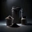 Placeholder: Realistic photograph of a dark studio with a shaker for protein powder, a scoop of protein powder and a protein powder bucket. High resolution.