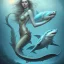 Placeholder: sango fantasy, fantasy magic, intricate, sharp focus, illustration, highly detailed, digital painting, concept art, matte, artgerm and paul lewin and kehinde wiley, masterpiece sexy lips Asian lady fish body mermaid turquoise space lady beach sea under water great white shark mermaid