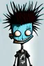 Placeholder: 2d drawing of a stickman, cool with punk hair, x eyes like hangman, standing with back to camera, smiling,close-up ,3d realistic in colour