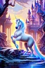 Placeholder: A beautiful story book image of a proud white unicorn stallion in front of a beautiful fantasy Disney palace in an enchanted magical forest by Mark Brooks and Dan Mumford, eight year old's story book art