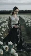 Placeholder: black lace scarf and dirty wedding dress in a field of white roses.cinematic picture