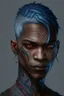 Placeholder: Brown skin, red eyes, straight short blue-grey hair, snake tattoo on neck, black clothes