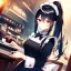 Placeholder: girl, masterpiece, best quality, cinematic lighting, detailed outfit, perfect eyes, black hair, red eyes, long hair, ponytail, in modern world, cafe setting, maid inspired outfit, vibrant colors, warm lighting, soft focus, watercolor textures,