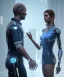 Placeholder: detroit become human, man, young women AI looking at each other, real Handshake, sci-fi fantasy style, volumetric lighting, particales,highly detailed,cinamatic, deep colours,8k.