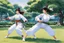 Placeholder: (in the style of Orion, by Masamune Shirow) Two women exercising with weapons to practicing the art of Tai Chi and Qigong in the park