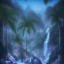 Placeholder: turquoise neon waterfall with palm trees sparkling at night in a cave detailed realistic glowing