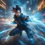 Placeholder: Photorealistic image of a fierce young Chinese woman in modern clothing style, dynamic pose, shoots a stream of blue lightning from her hands, in the middle of a city street, the girl is surrounded by many blue lightning, bioluminescent and magic dust. The image has vibrant colors, vivid contrasts and detailed octane rendering. Epic. Cinematic. Creative lighting.