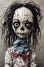 Placeholder: full color, illustration of a dark, menacing, monster girl, as a decayed, broken, crude homemade cloth doll toy, with a narrow cracked porcelain face, thick dark eyebrows, hair made from ragged strips of cloth, in the style of Alex Pardee, Tim Burton, and Nadya Sheremet