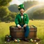 Placeholder: Pablo Schreiber as the Leprechaun sits on an open treasure chest in a field, a rainbow reach the chest, he is happy