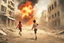 Placeholder: bloody children running from bombs in a ruined city in Palestina, smoke and fire and explosions