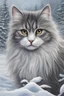 Placeholder: Fluffy cat, long fur, very detailed, big eyes, realistic, fine art, winter time, snow scene in background, standing sideways