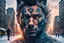 Placeholder: double exposure, Wolf Man, man, city, sunset, snow, rain, fantasy, mystical, tattoo, vertical pupils, high detail, high resolution, 8K