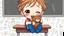 Placeholder: detailed digital art style, cute anime, detailed chibi face with smile, sitting on school desk in hand a bear toy, in colorful t-shirt and short paint and blue shooes, , messy hair random drawing background, child book style, highly detailed, no photorealism