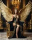 Placeholder: Photography full body A Length image of very beautiful Super model Russian Woman as an Beautiful Queen Archangel with wings made from metal craft,dressing luxurious golden and black color armor filigree combination fully crystals diamonds stone,sitting luxury big chair,beside two tiger sitting as loyal guard, in luxury lamps decoration royal castle Background