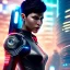 Placeholder: Katheryn Winnick, Cyborg anime warrior, cyberpunk, light black short hair, pixie hairstyle, cobalt eyes, waist up portrait, 8k resolution, retroanime, intricate details, neon details, soft lighting, vibrant colors, masterpiece, intricate eyeliner, dark eyeshadow, eyes, intricate tattoos, gradient background