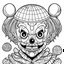 Placeholder: create a 2d black outline, " kawaii psycho clown coloring book for kids", coloring page, low details design, black contour, coloring page design, colorful , card style, coloring page for kids, halloween backgorund,sketch style,