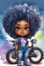Placeholder: create an watercolor illustration of a chibi cartoon voluptuous black female wearing a blue jean outfit with a tie dye tshirt with biker boots. Prominent make up with hazel eyes. Extremely highly detail of a tight curly black and shiny afro. Background of a bike show