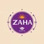 Placeholder: A circle face logo with the name (ZAHA) for a cafe with a symbol of the sun and a purple theme
